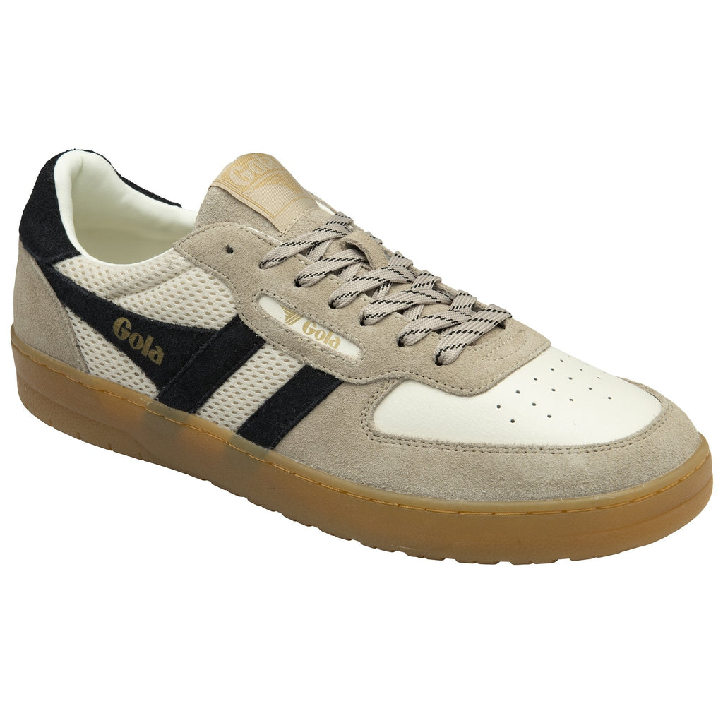 A single Gola low-top sneaker featuring off-white, black, and beige colors.