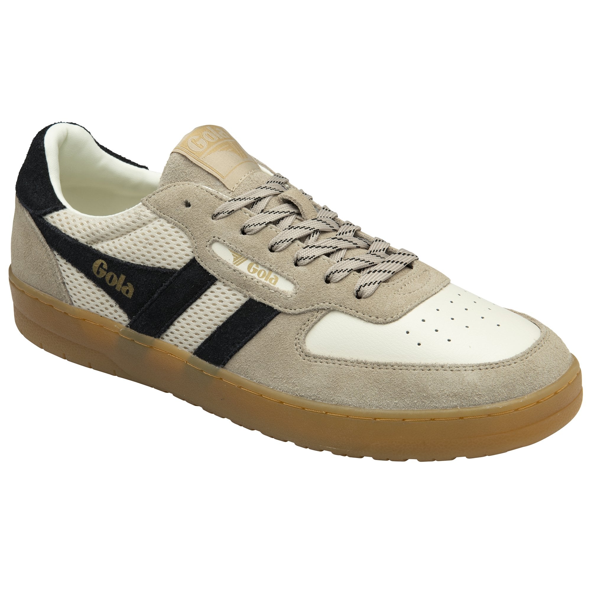 A single Gola low-top sneaker featuring off-white, black, and beige colors.