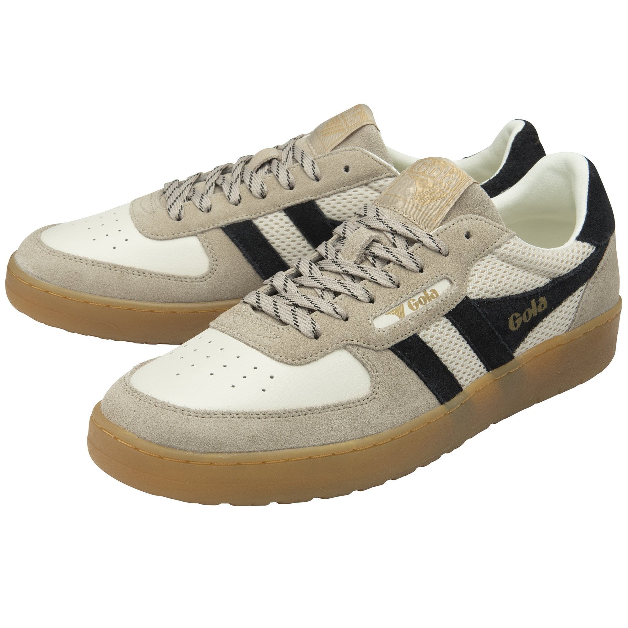 A pair of Gola low-top sneakers in off-white, black, and beige with rubber soles.