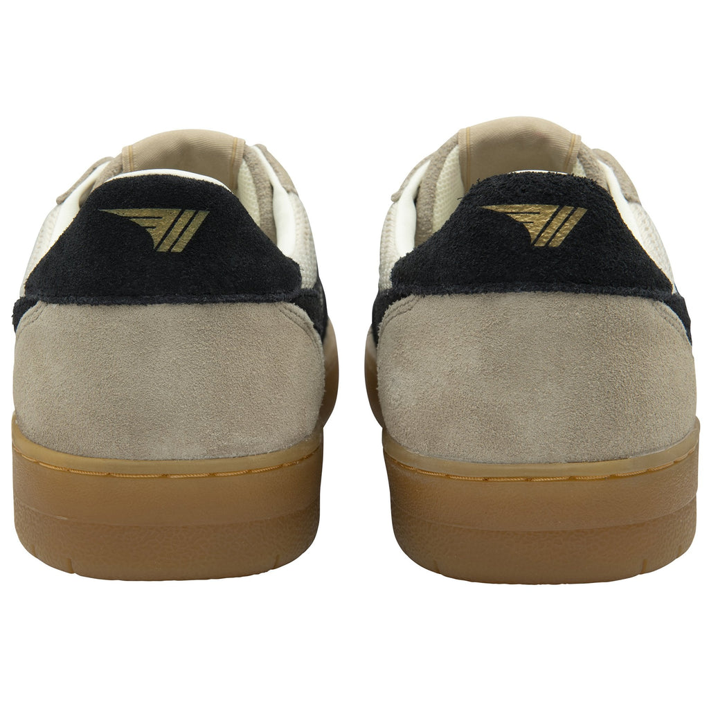 Rear view of two Gola sneakers with gold logo detail on black heel tabs.
