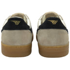 Rear view of two Gola sneakers with gold logo detail on black heel tabs.