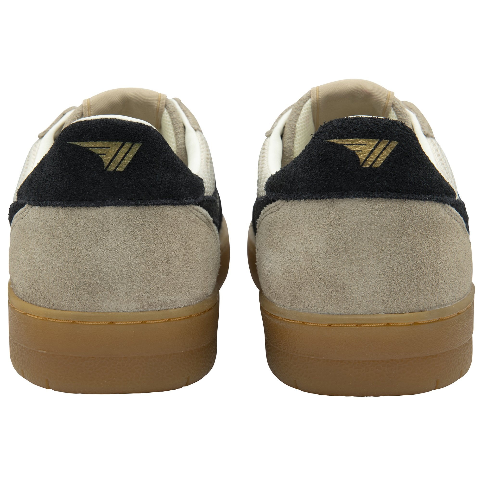 Rear view of two Gola sneakers with gold logo detail on black heel tabs.