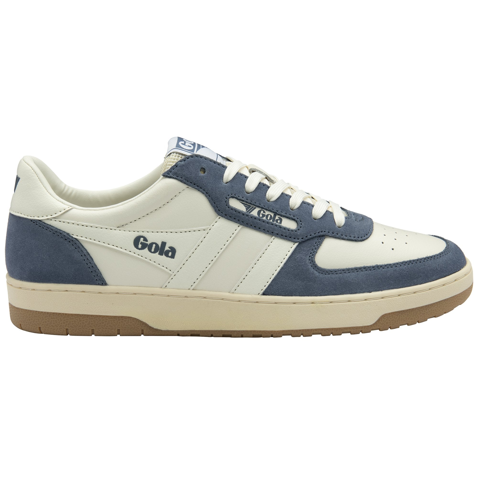 A single Gola low-top sneaker in white and blue, positioned facing right.