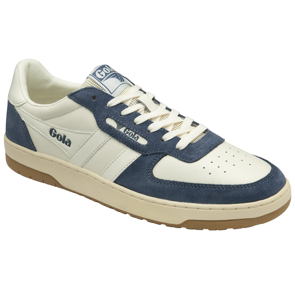 A single Gola low-top sneaker in white and blue, angled slightly forward.