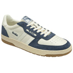 A single Gola low-top sneaker in white and blue, angled slightly forward.