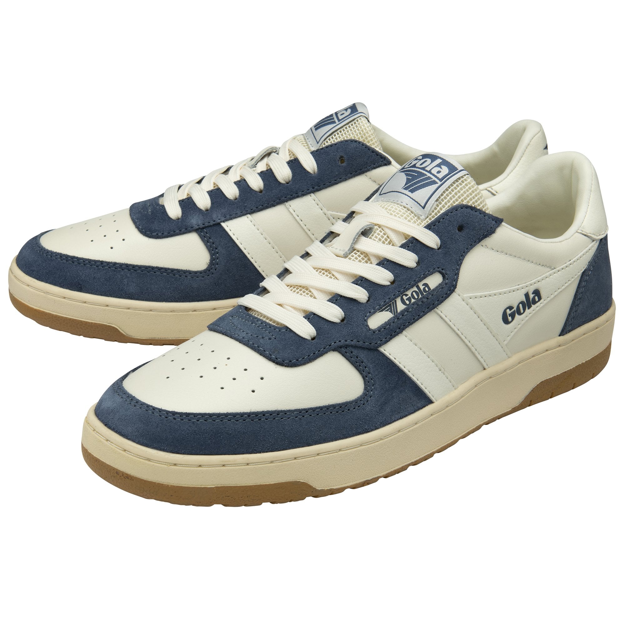 A pair of Gola low-top sneakers in white and blue, angled slightly forward.