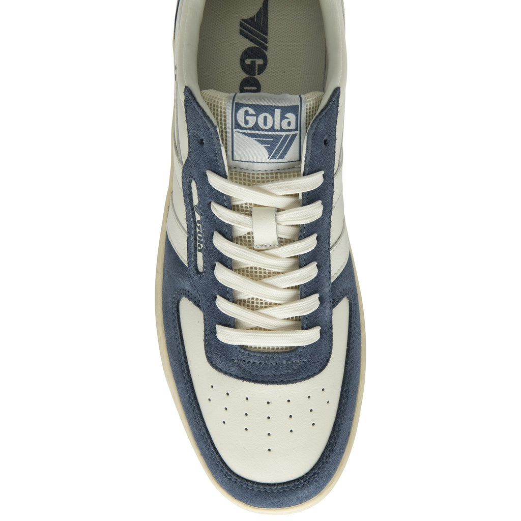 Top down view of a Gola sneaker in blue and white with white laces