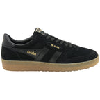 A right black Gola Elan suede trainer with a gum sole, viewed from the side.