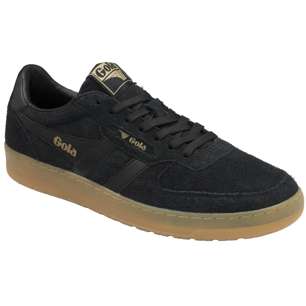 A black Gola Elan suede trainer with a gum sole, viewed from the front-right.