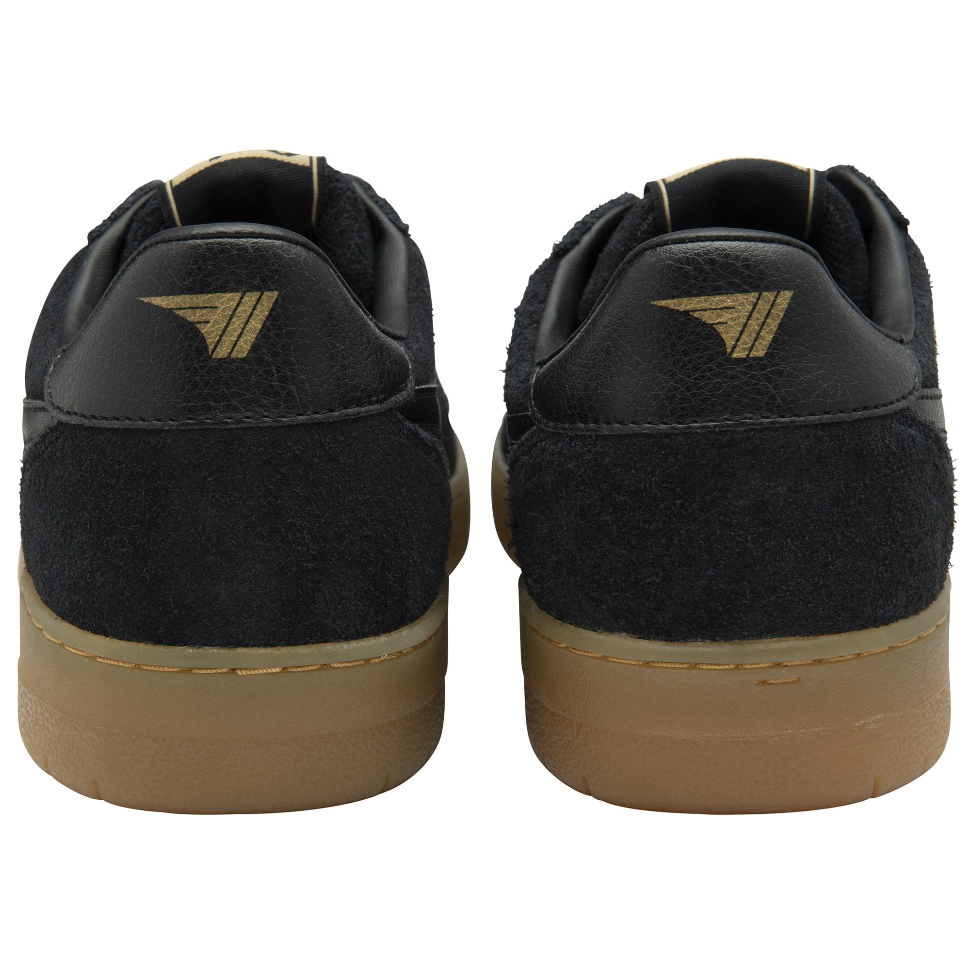 A pair of black Gola Elan suede trainers with gum soles, viewed from behind.