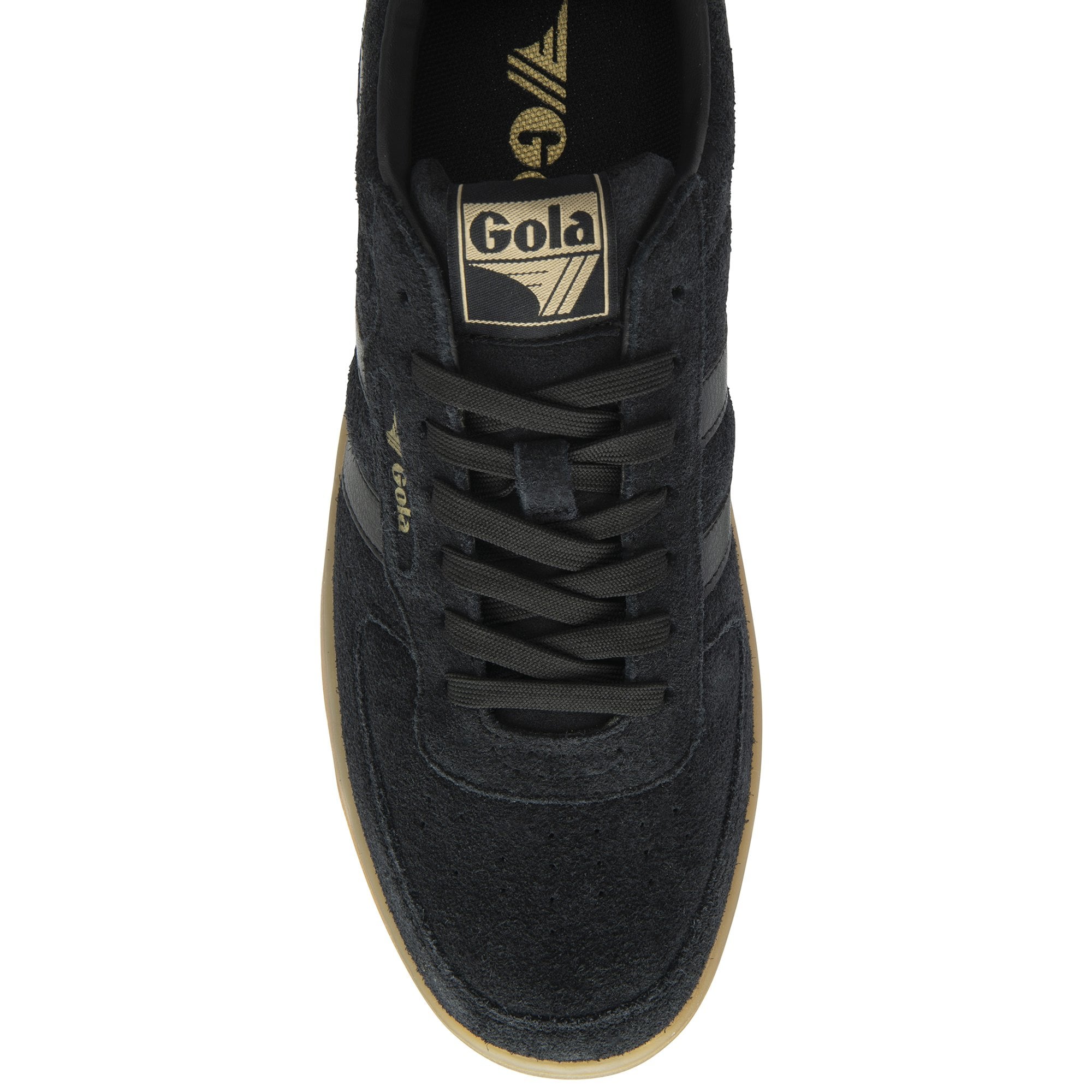 A single black Gola Elan suede trainer with a gum sole, viewed from above.
