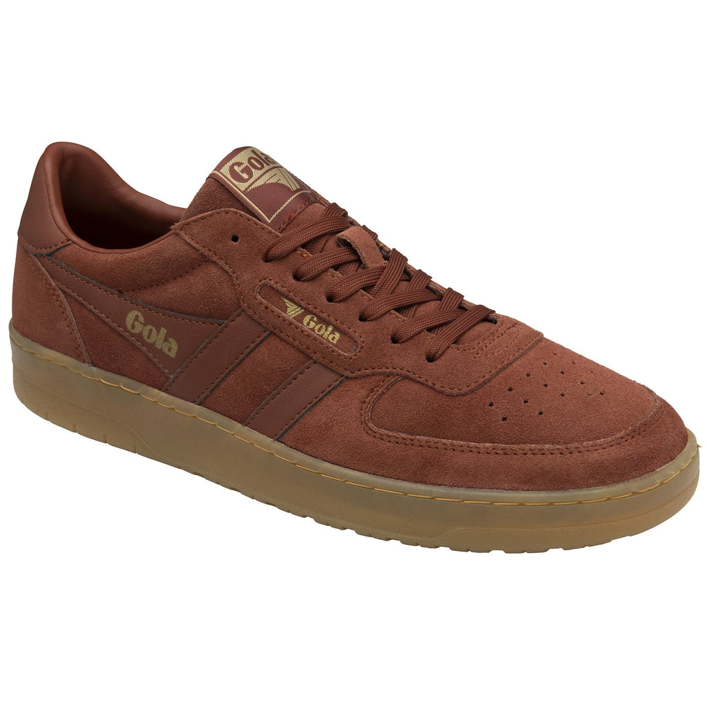 A single reddish-brown Gola men's sneaker with a tan sole and gold Gola logo.