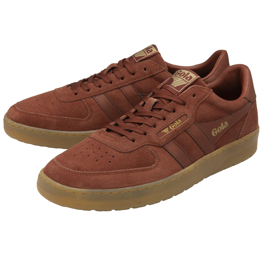A pair of reddish-brown Gola men's sneakers with tan soles and gold Gola logos.