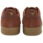 Rear view of two reddish-brown Gola men's sneakers with tan soles and gold logos.