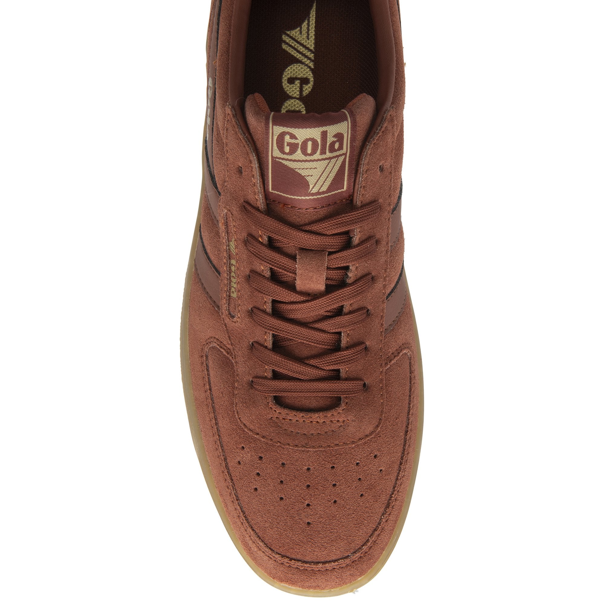 Top-down view of a single reddish-brown Gola men's sneaker with tan sole and gold logo.