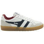 A white Gola sneaker with navy stripes and a gum sole, viewed from the side.