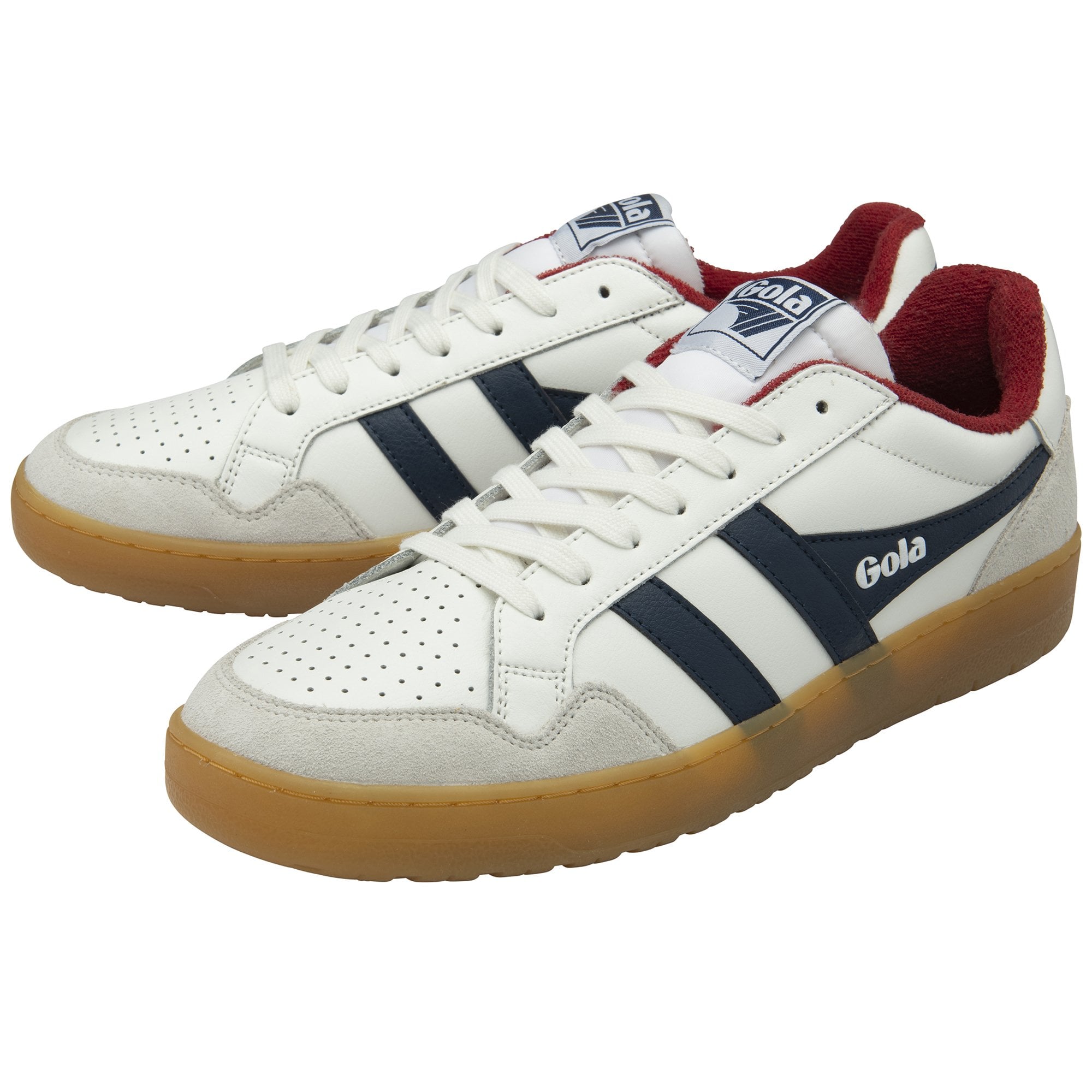 A pair of white Gola sneakers with navy stripes and gum soles, angled from the front.