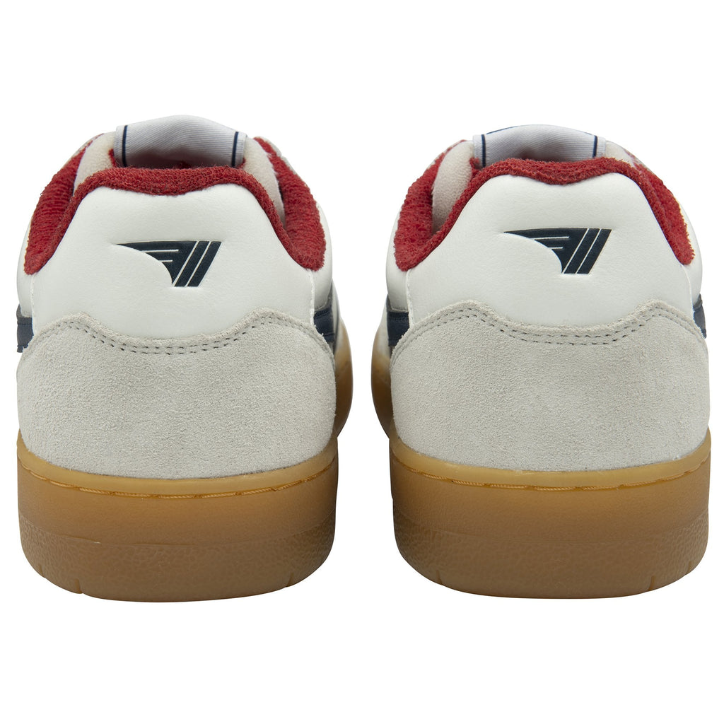 The back view of a pair of white Gola sneakers with red trim and gum soles.