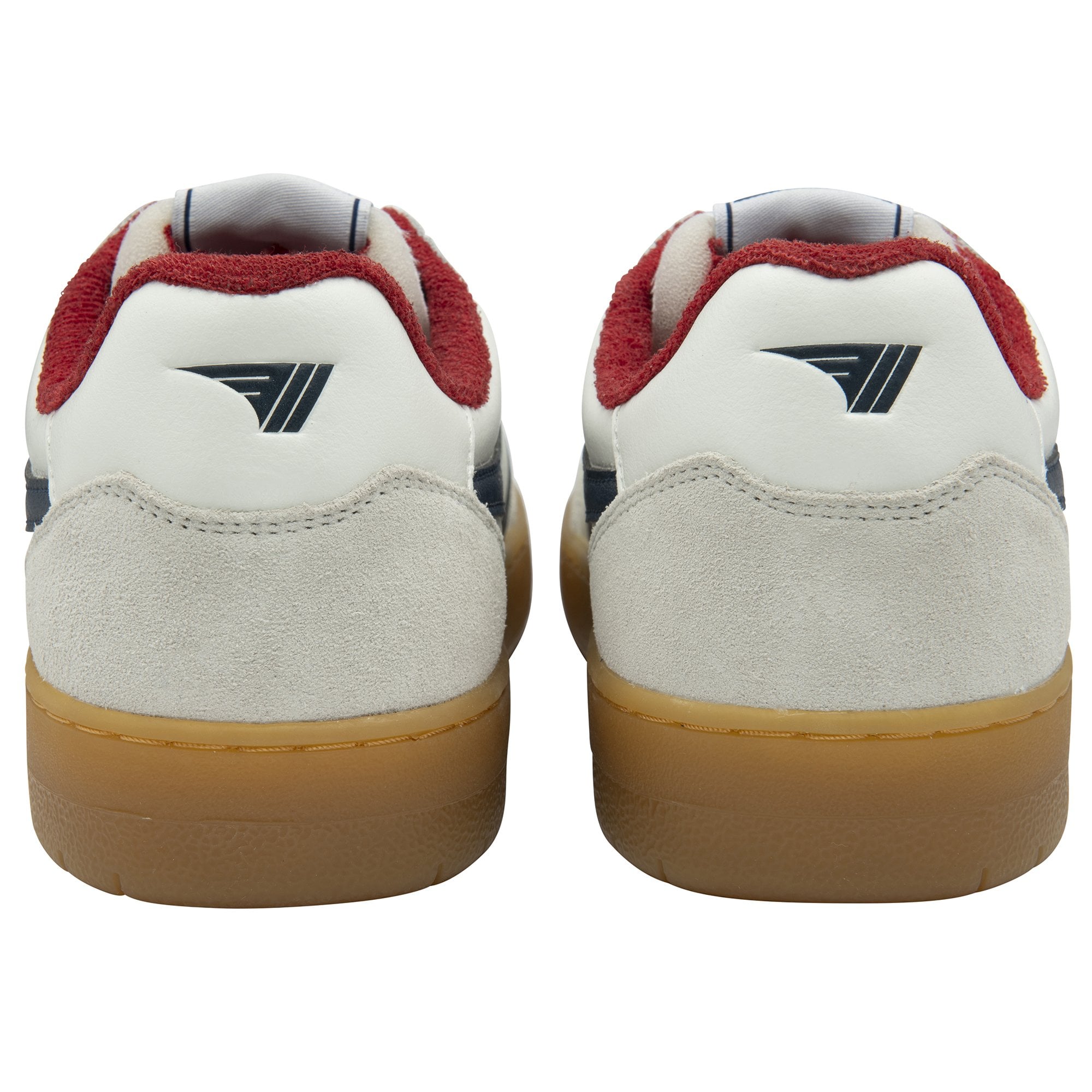 The back view of a pair of white Gola sneakers with red trim and gum soles.