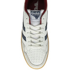 The top-down view of a white Gola sneaker with navy stripes and a gum sole.