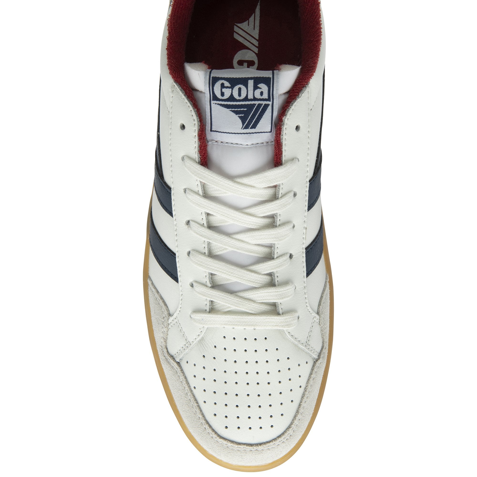 The top-down view of a white Gola sneaker with navy stripes and a gum sole.