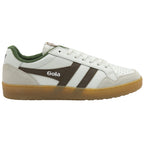 A white Gola sneaker with brown stripes and a gum sole, viewed from the side.