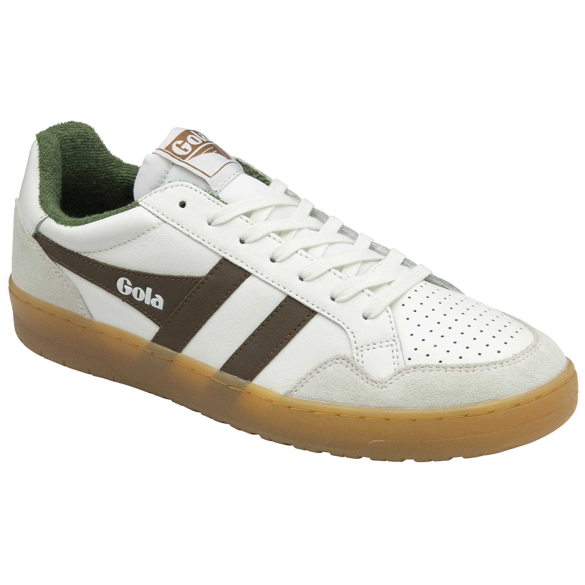 A white Gola sneaker with brown stripes and a gum sole, angled slightly from the side.