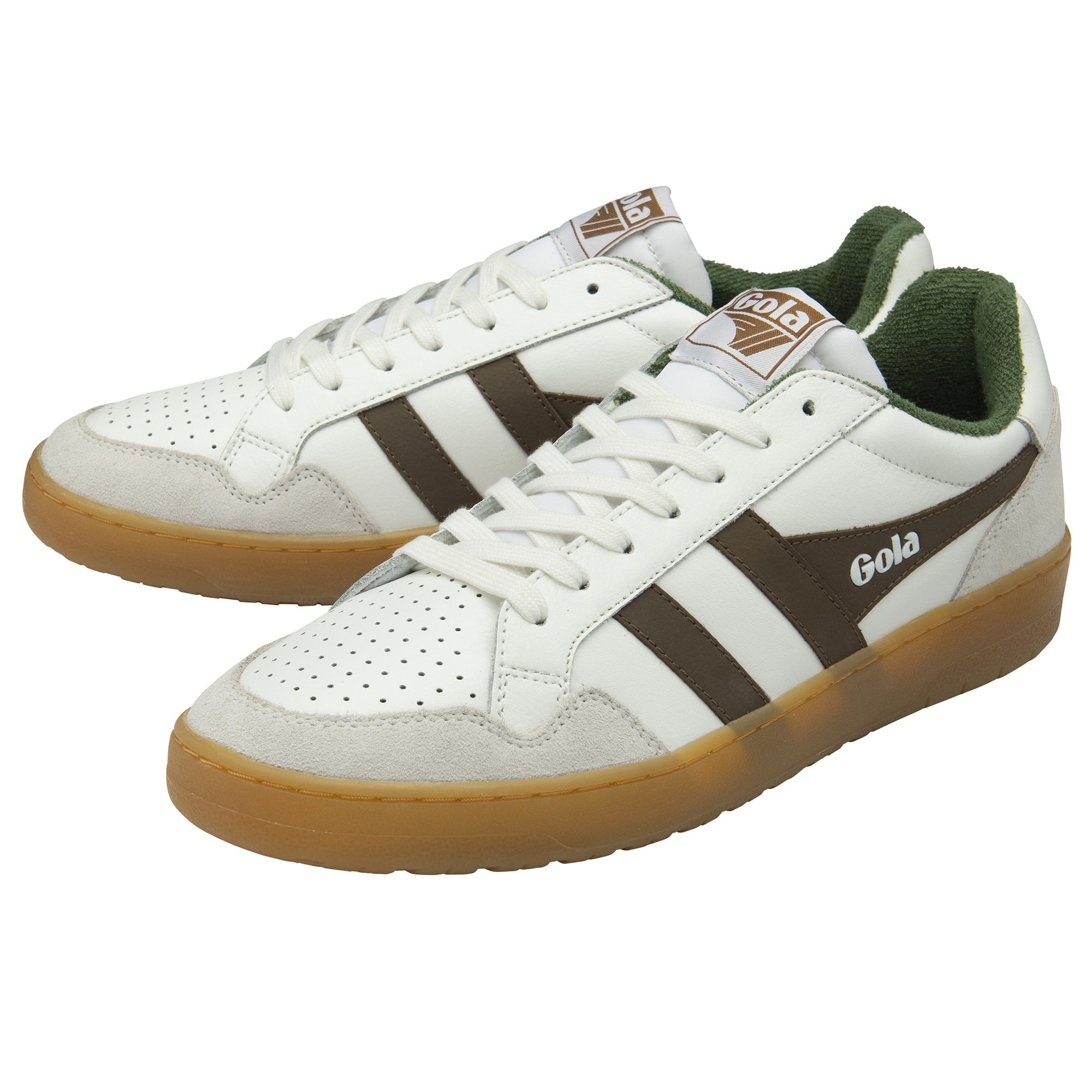 A pair of white Gola sneakers with brown stripes and gum soles, angled on a white surface.