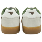The back view of two white Gola sneakers with green accents and gum soles.