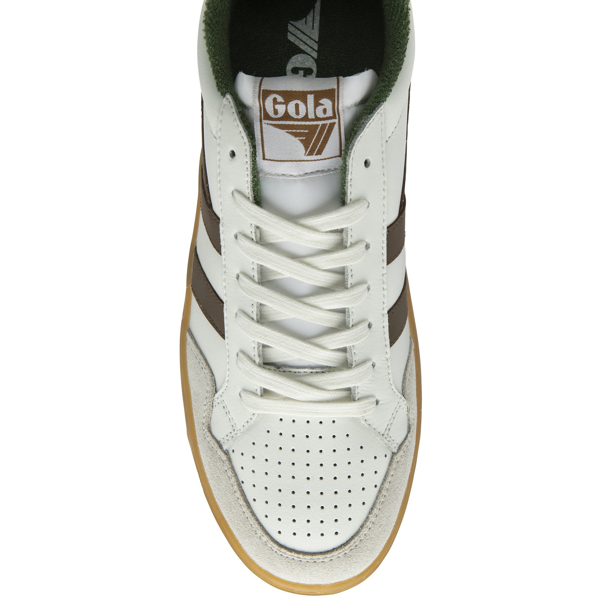 An overhead view of a white Gola sneaker with brown stripes and white laces.