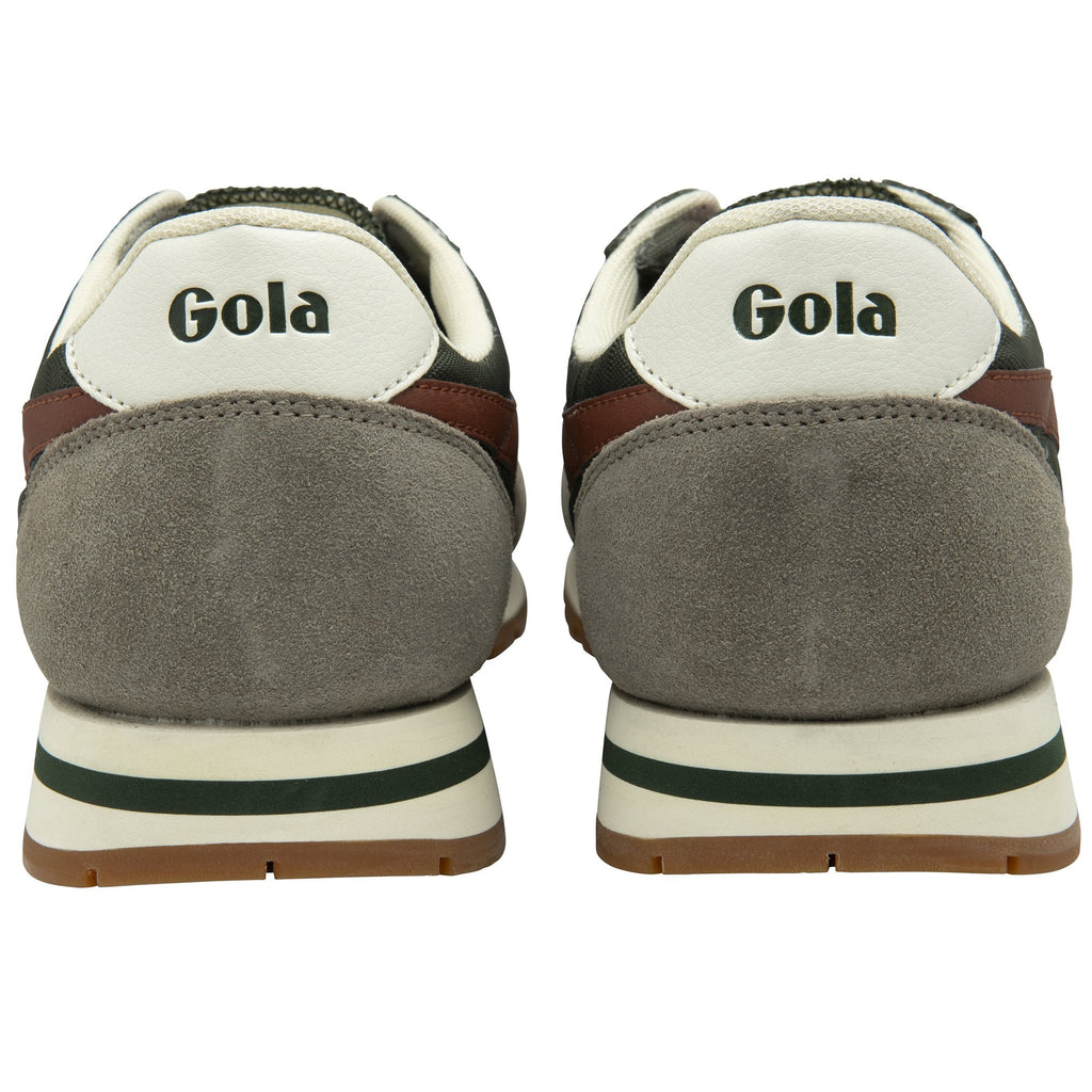 The rear view of two dark green and brown shoes, highlighting the heel and sole.