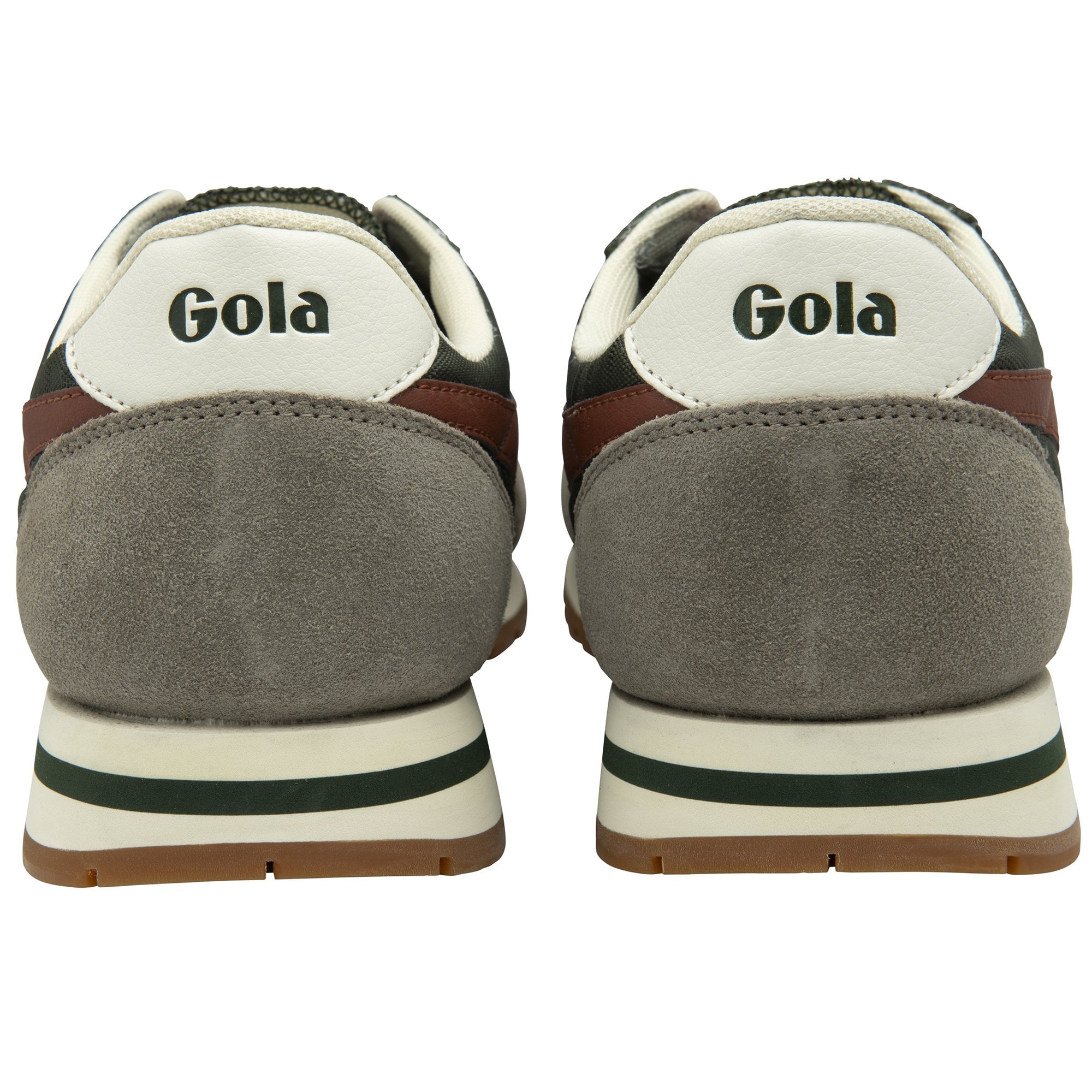 The rear view of two dark green and brown shoes, highlighting the heel and sole.