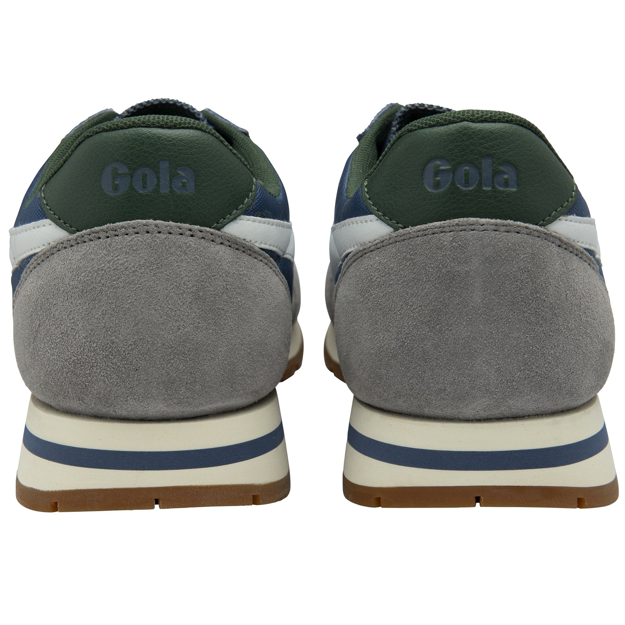 A pair of blue and grey Gola men's sneakers from the back.