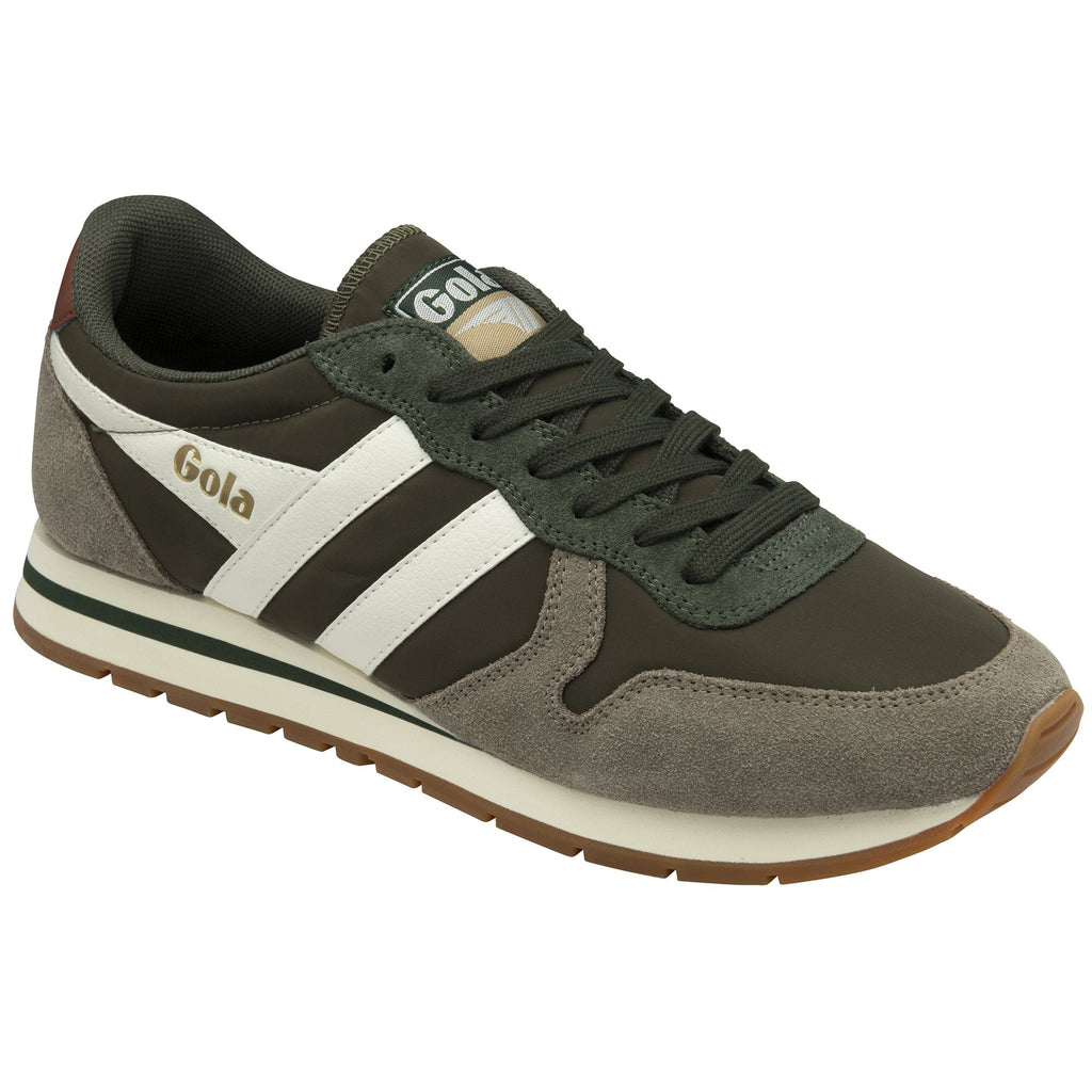 A recycled Gola men's sneaker, with a green, grey, and white design on a white background.