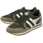 Pair of Gola sneakers in dark green and grey with white stripes and a brown sole