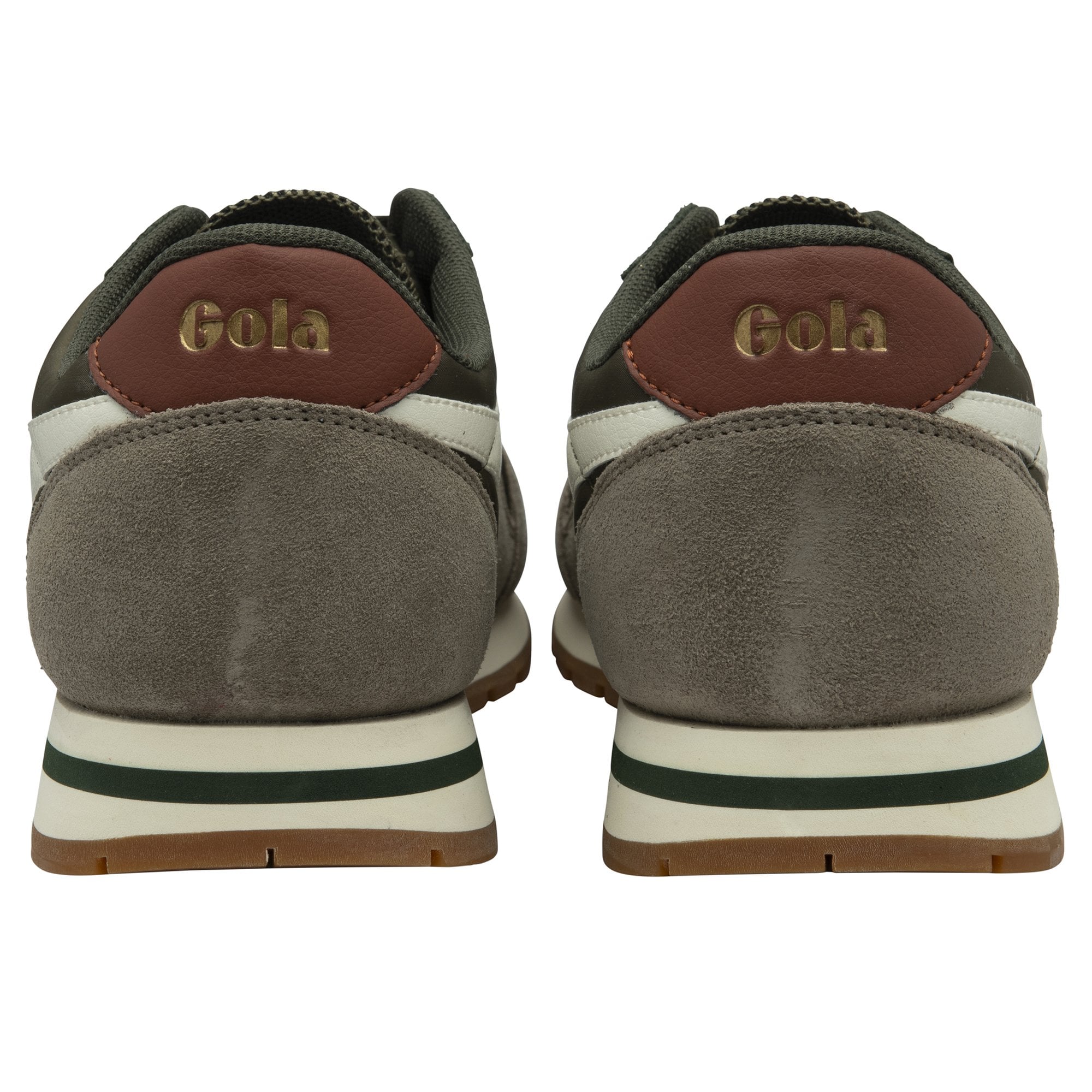 Two recycled Gola men's sneakers, with a green, grey, and white design on a white background.