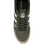Top down view of a recycled Gola men's sneaker, with a green, grey, and white design.