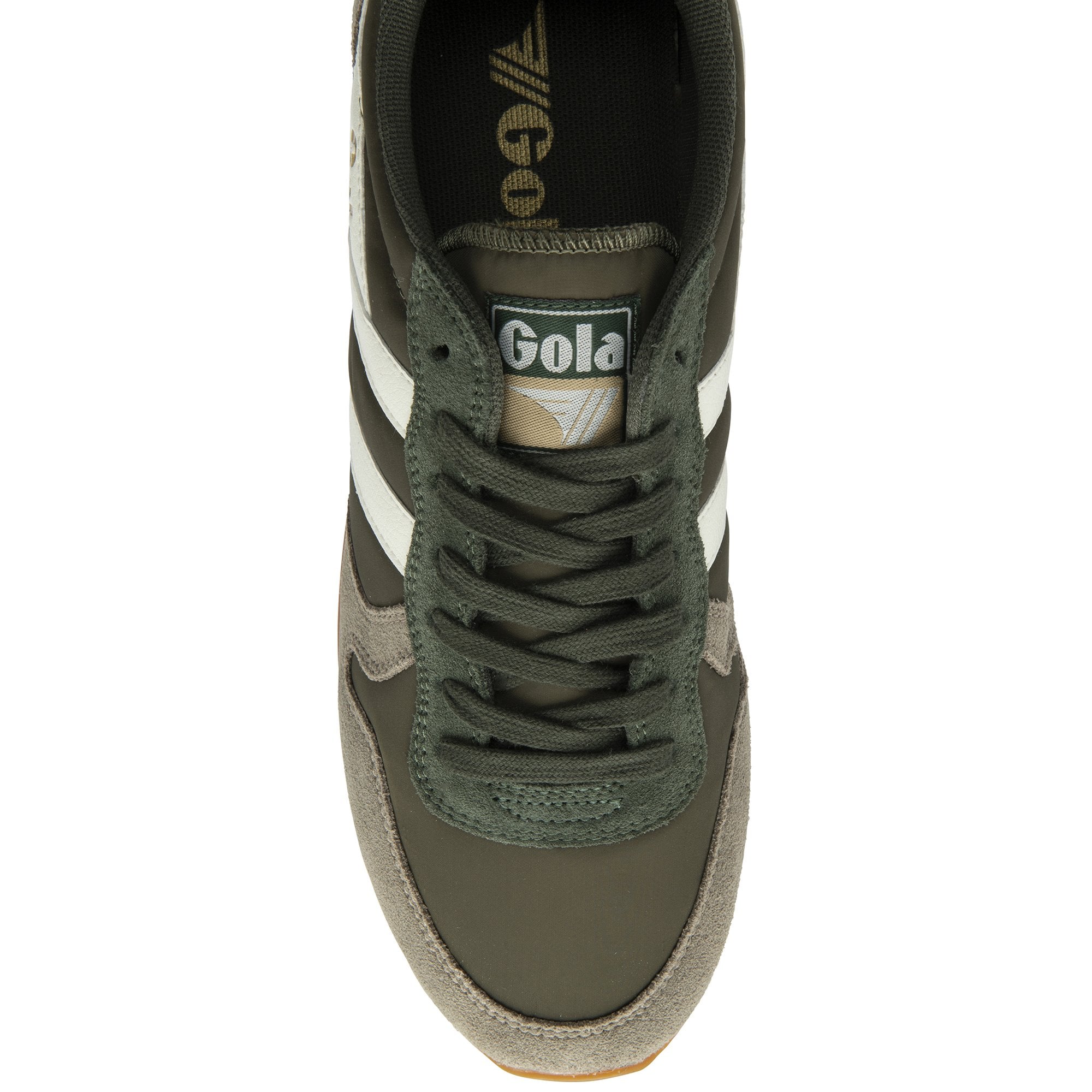 Top down view of a recycled Gola men's sneaker, with a green, grey, and white design.
