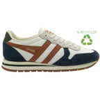 Side view of a white, navy, and brown sneaker with a "Recycled" symbol.