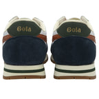 Rear view of two white, navy, and brown Gola sneakers with a green stripe.