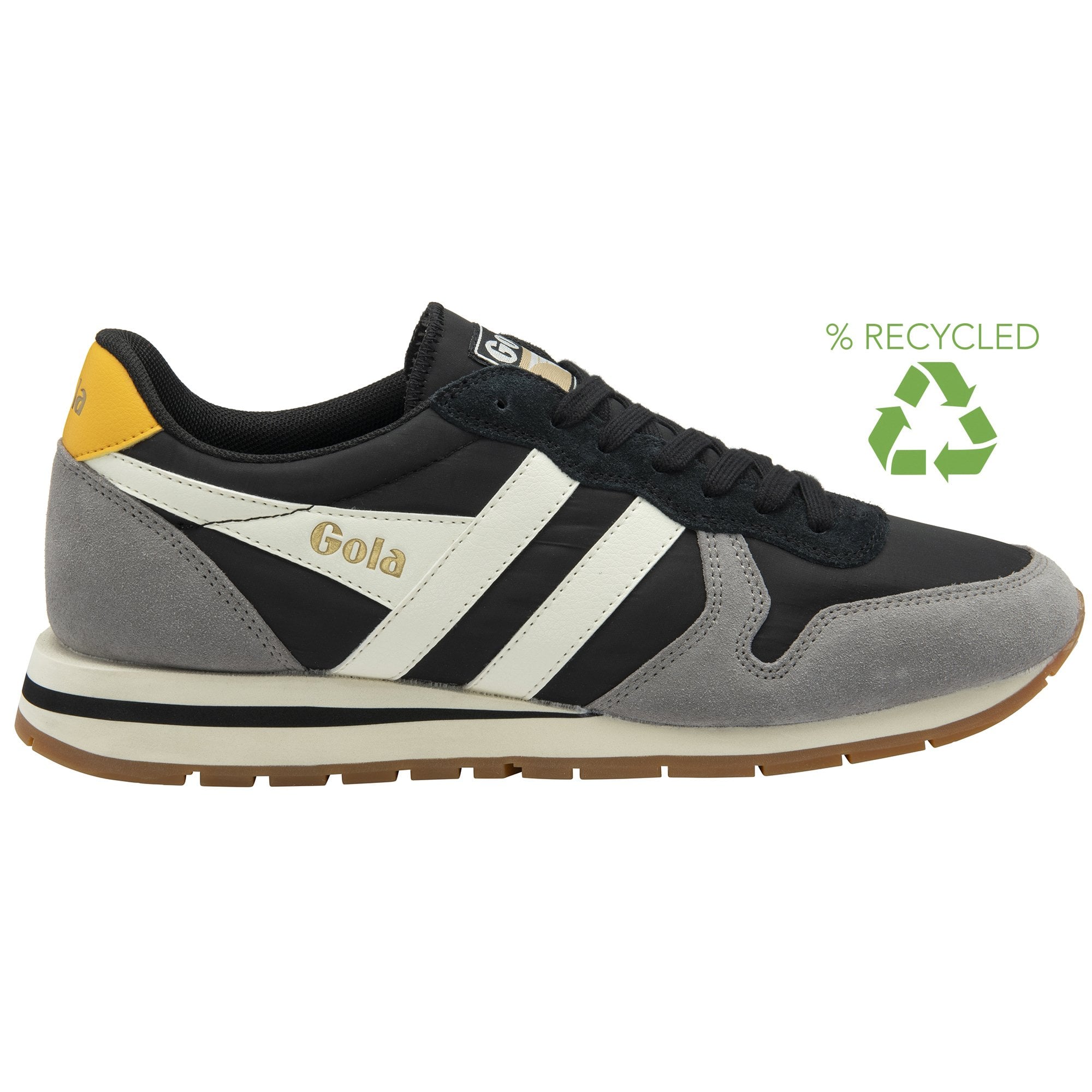 Left side profile of a black, white, and gray Gola sneaker with a yellow heel tab, highlighting recycled materials.