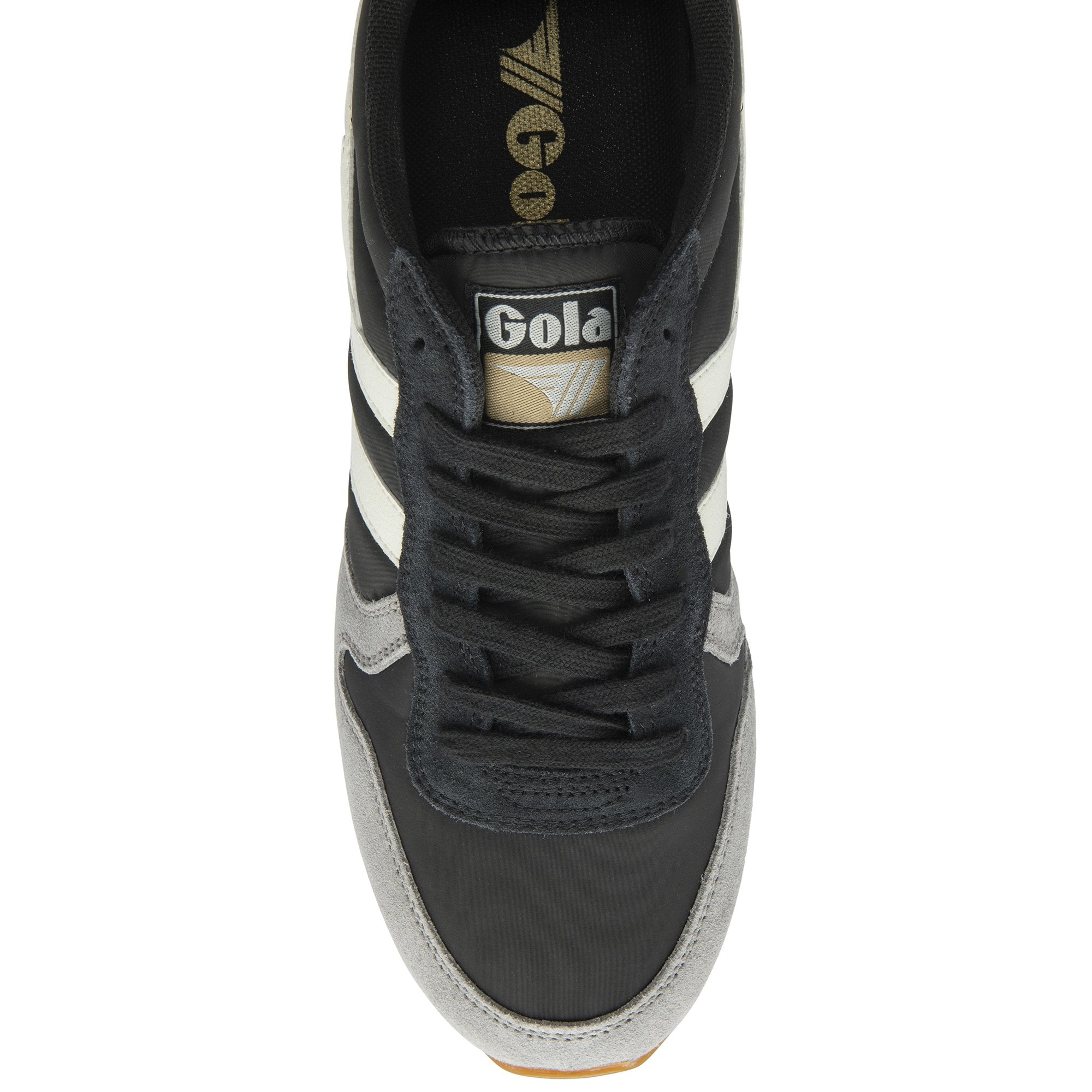 Top-down view of a black, white, and gray Gola sneaker, focusing on the laces and logo.