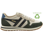 A beige and green Gola sneaker with a blue heel accent and a recycled symbol in the corner.