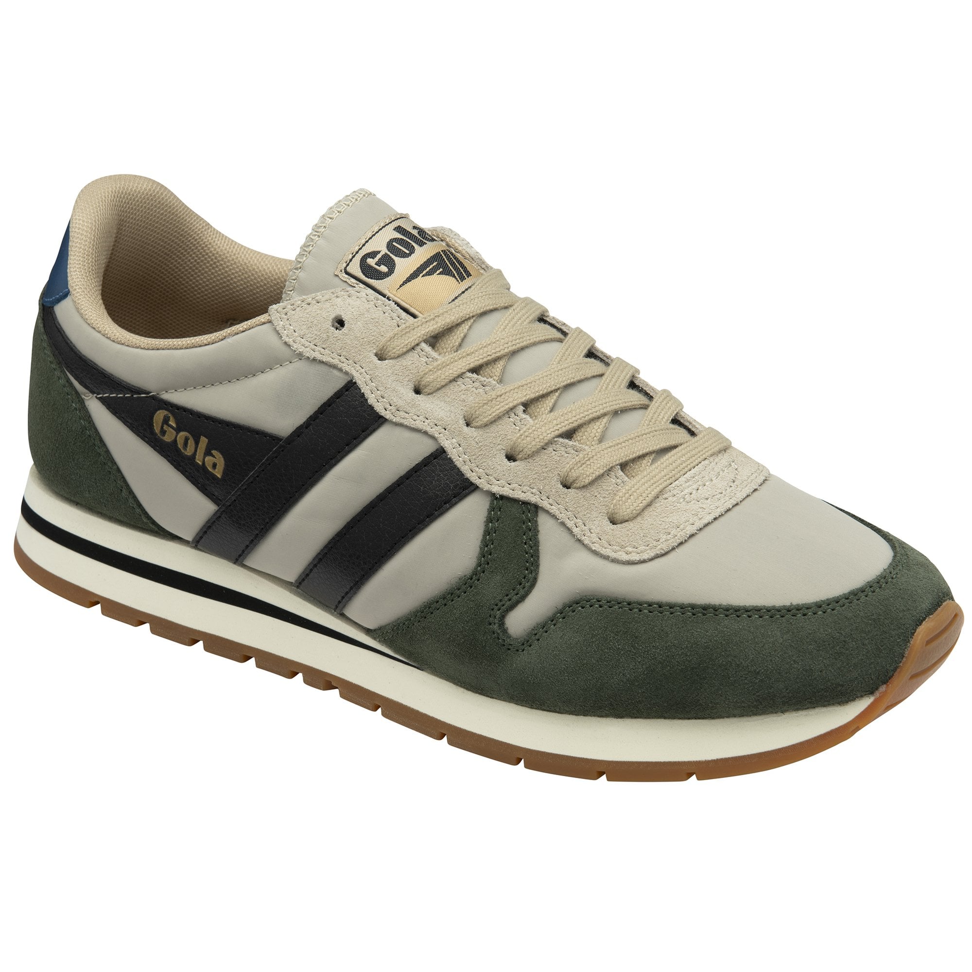 A single beige and green Gola sneaker from a slight angle, showing its side profile.