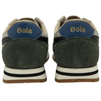 The rear view of two beige and green Gola sneakers, highlighting the blue heel detail.