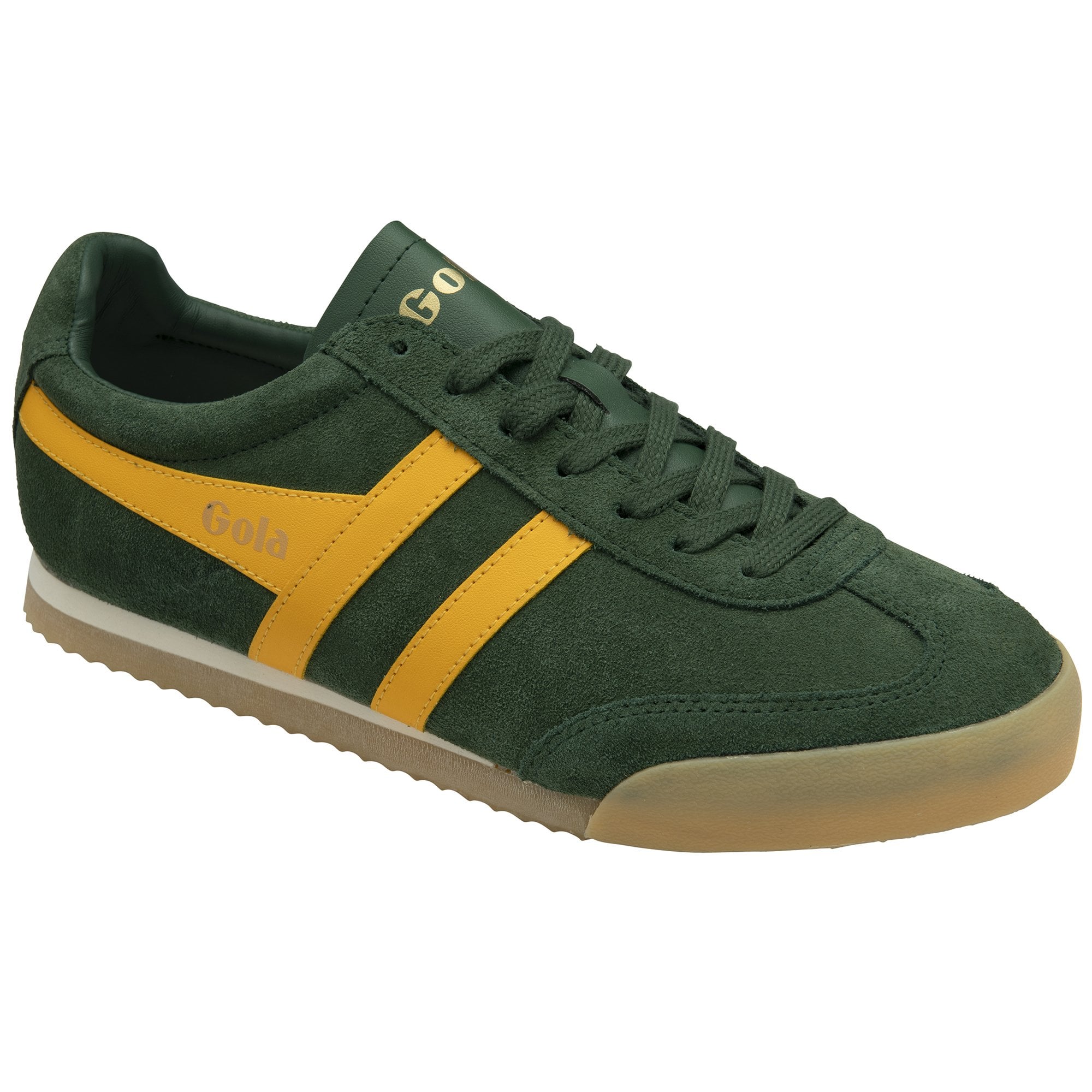 Angled view of a Gola men's trainer in dark green suede with yellow stripes and gum sole.