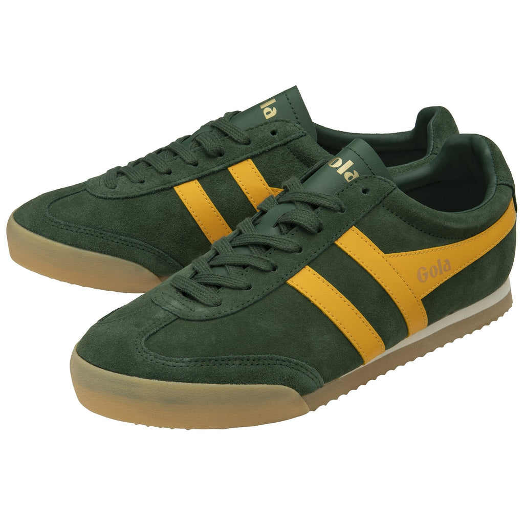 Pair of Gola men's trainers in dark green suede with yellow stripes and gum soles.