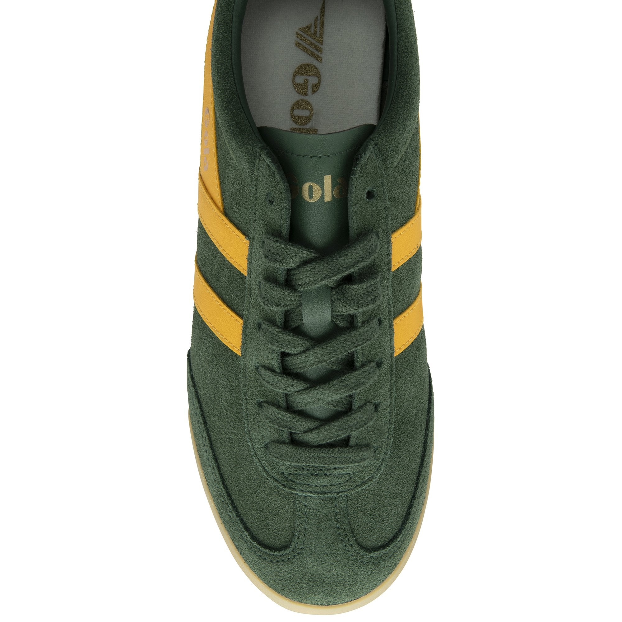 Top-down view of a Gola men's trainer in dark green suede with yellow stripes and laces.