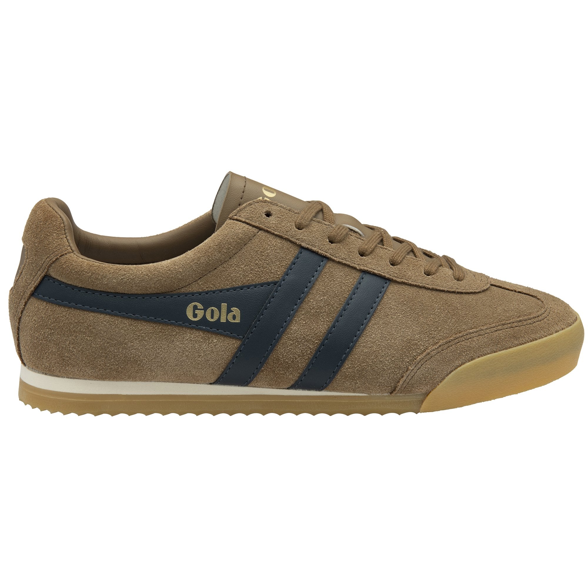 Side profile of a Gola Harrier suede sneaker in dark brown with two navy stripes.