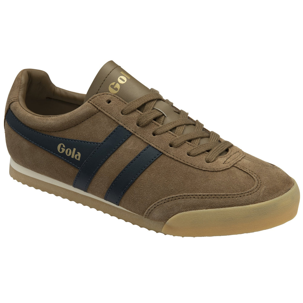 Angled view of a Gola Harrier suede sneaker in dark brown with two navy stripes.